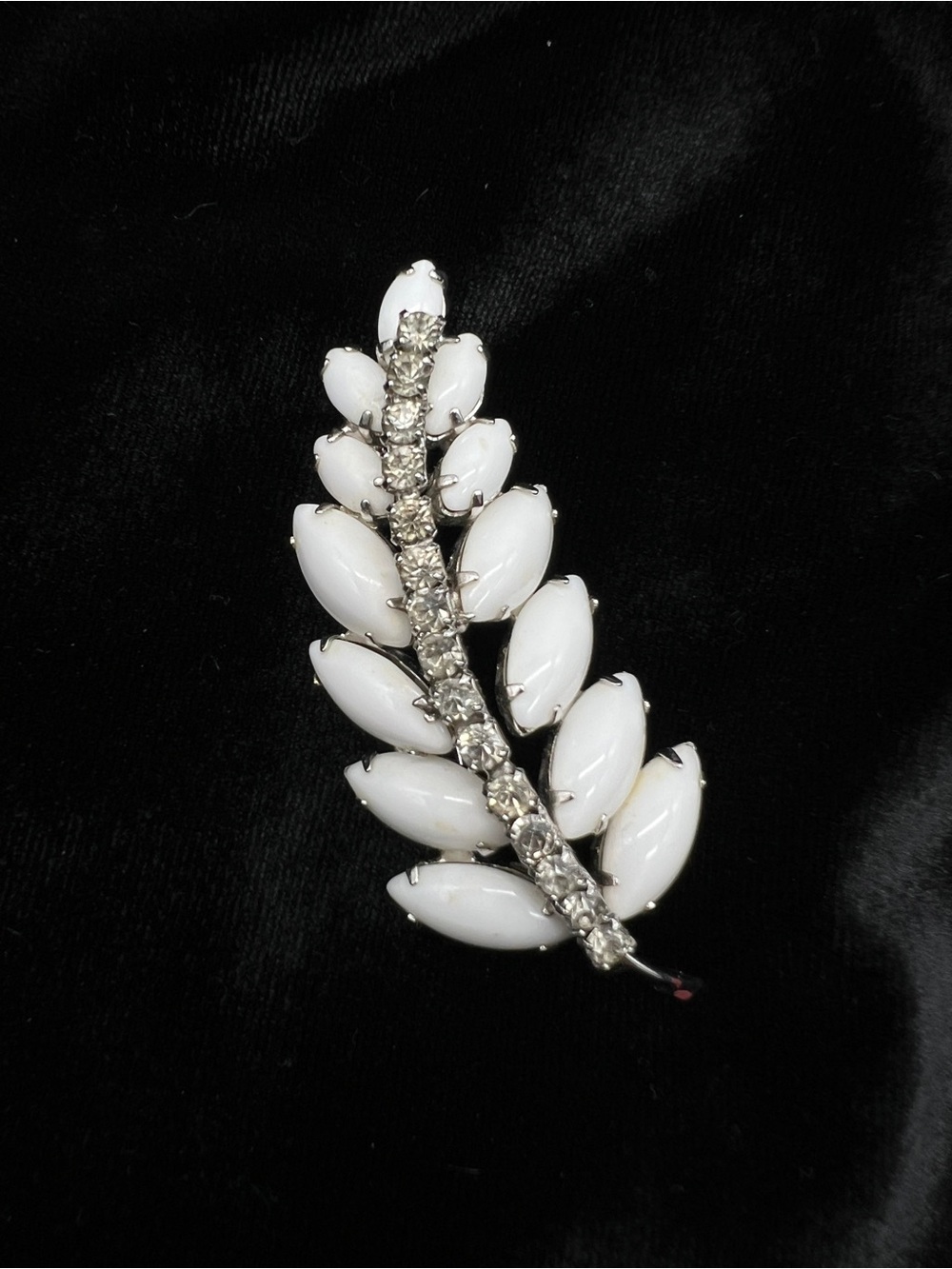 Vintage White Milk Glass and Crystal Rhinestone Leaf Brooch